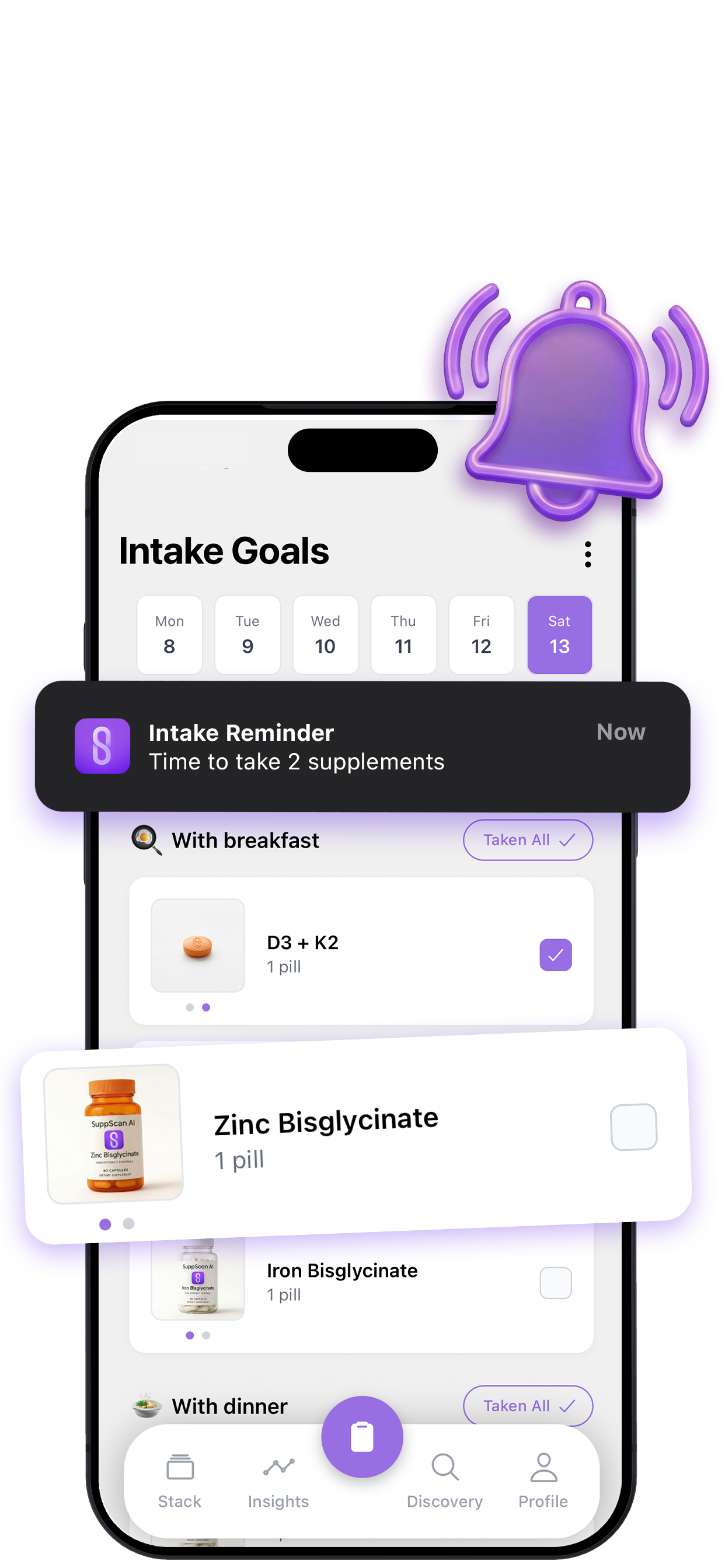 Supplement tracker showing complete daily nutrient coverage and deficiency gaps