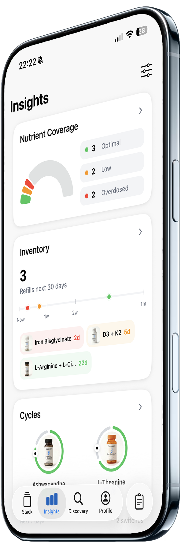 SuppScan Insights screen: nutrient coverage, refill timeline and cycles
