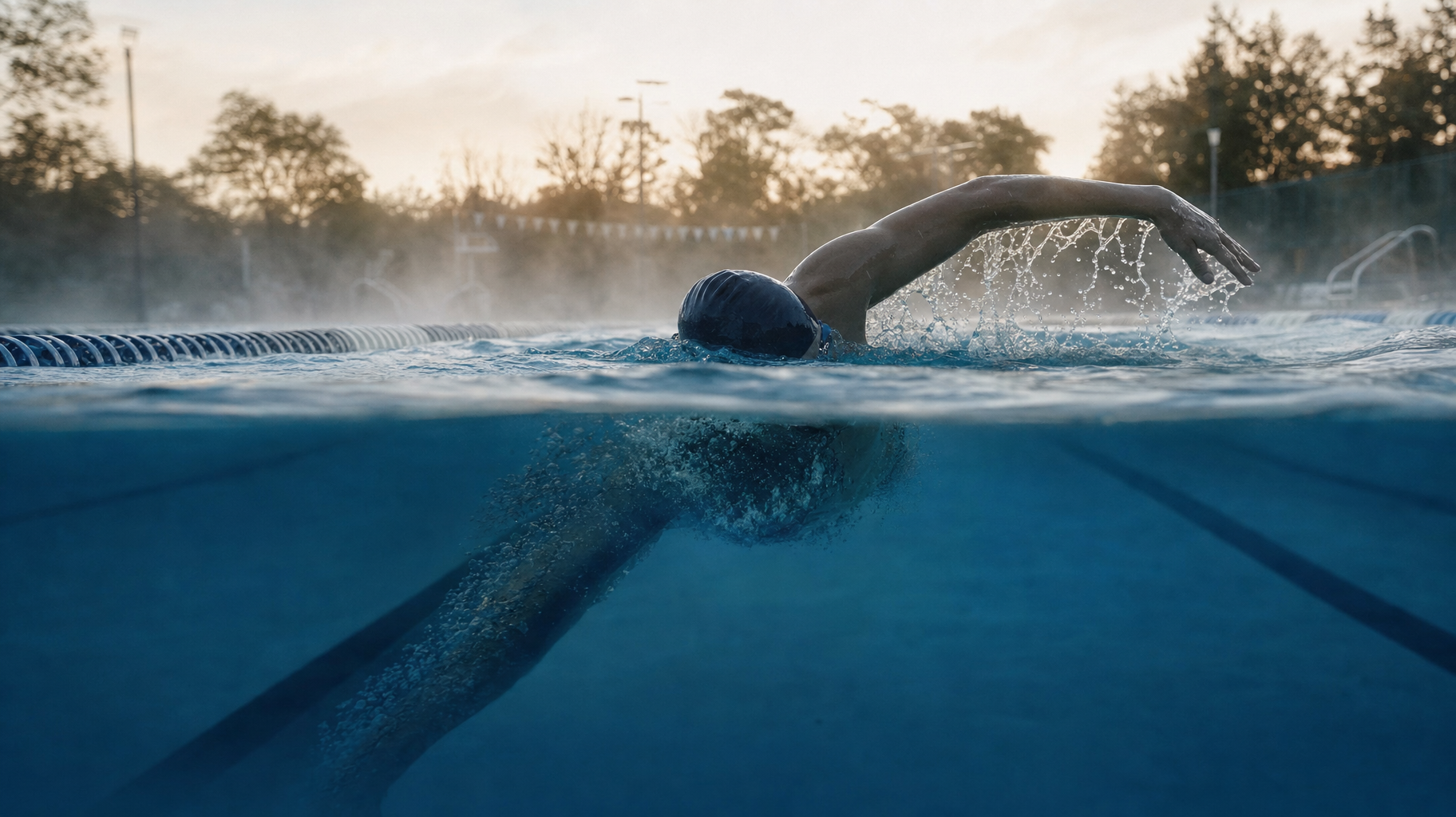 A swimmer mid front crawl in an outdoor pool at sunrise, seen from the waterline
