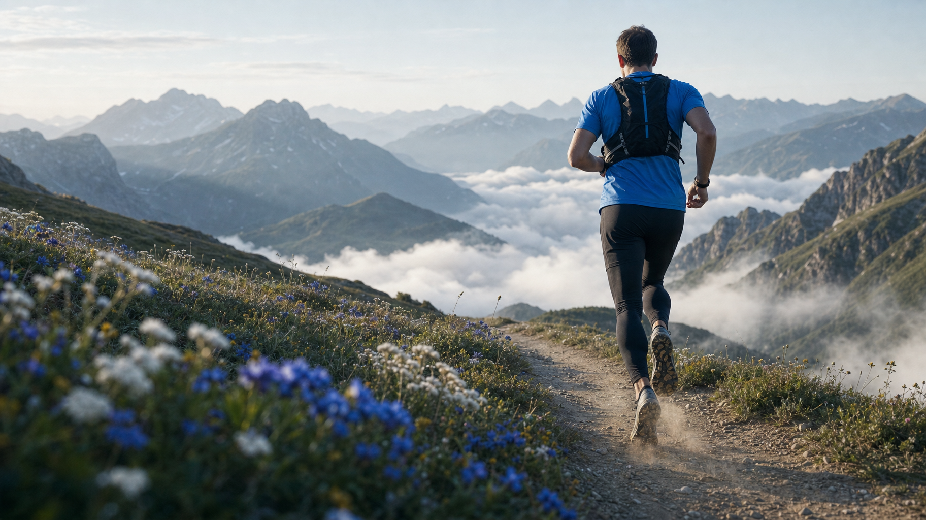 A trail runner on a high alpine path above a valley filled with morning cloud