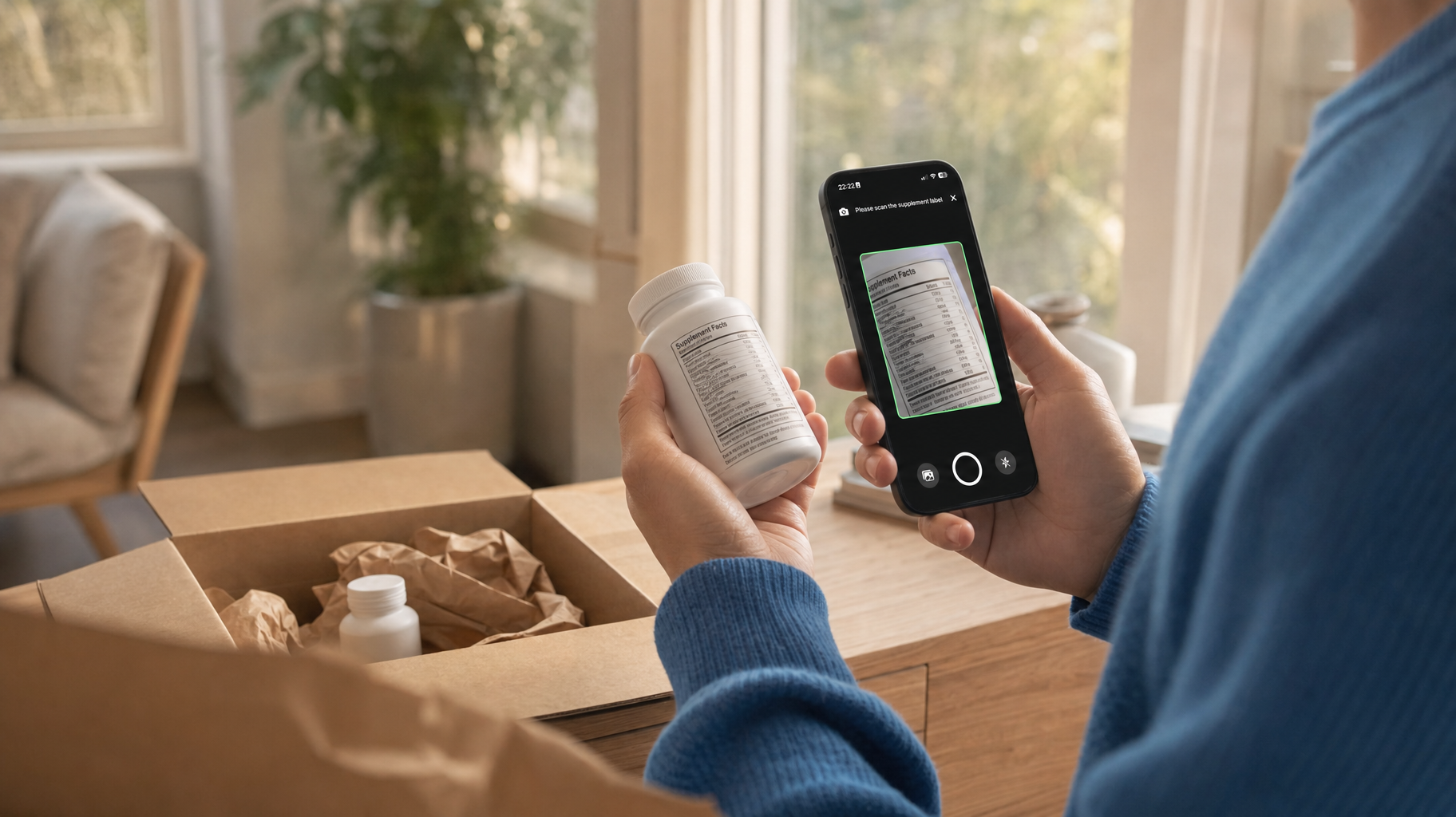 A supplement bottle held up to a phone while SuppScan scans its facts label