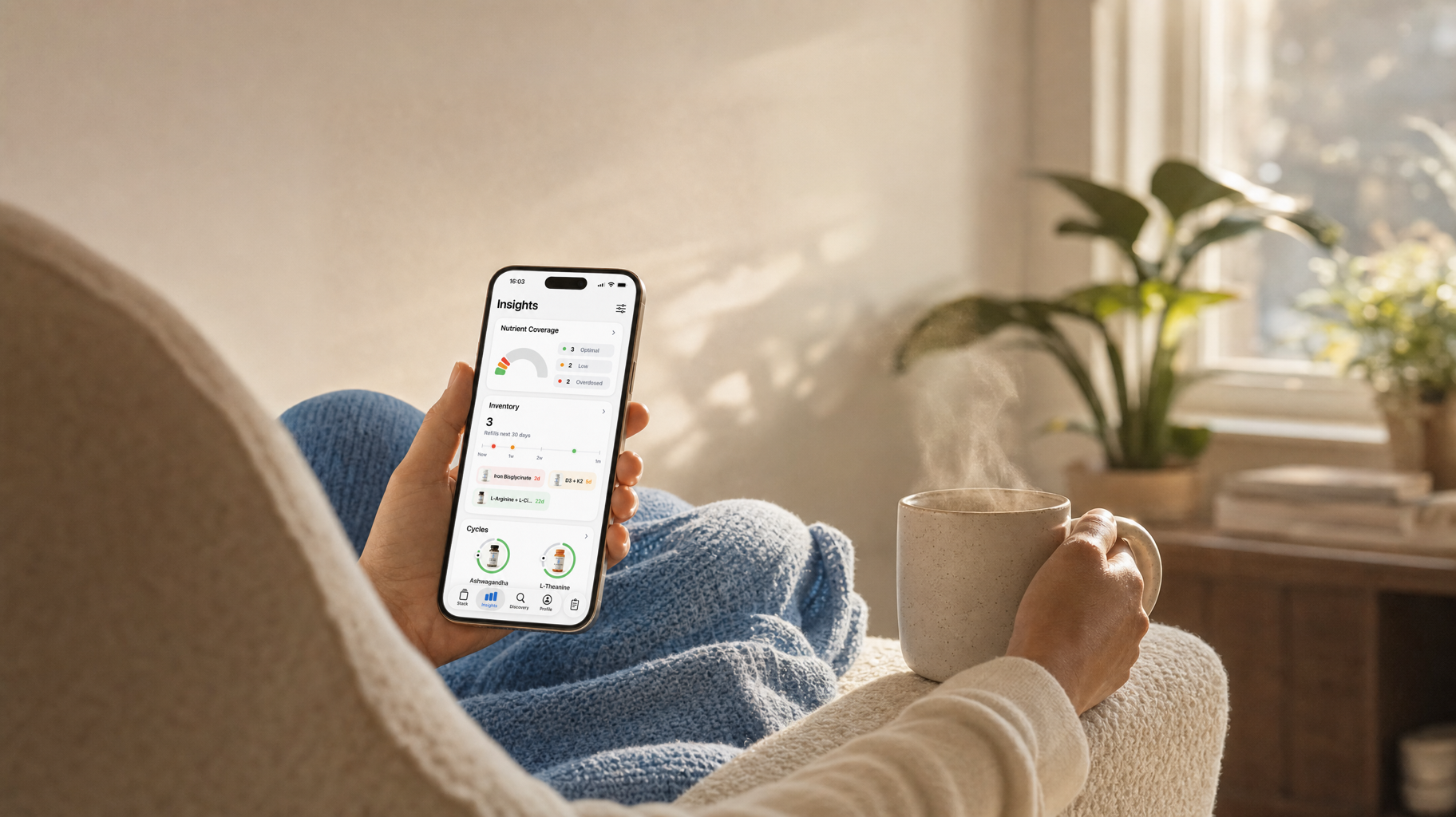 Someone in an armchair with a morning coffee, checking their nutrient coverage in SuppScan