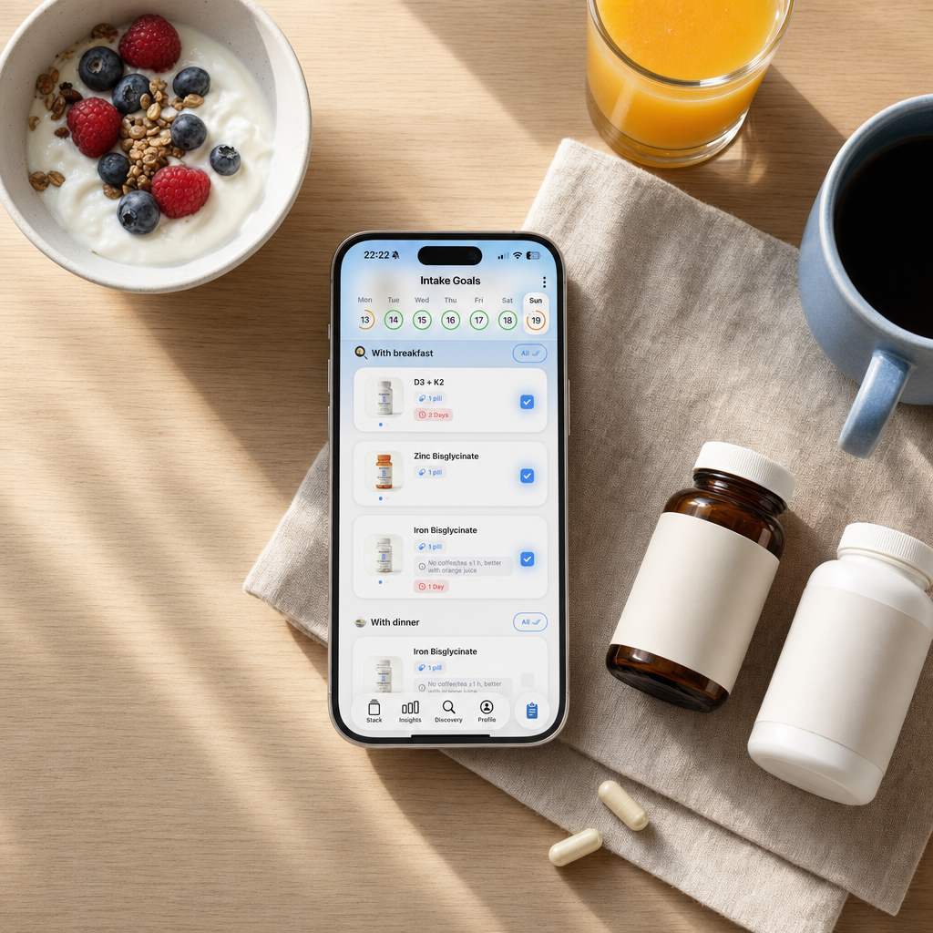 A phone on a breakfast table showing the day's intake plan beside two supplement bottles