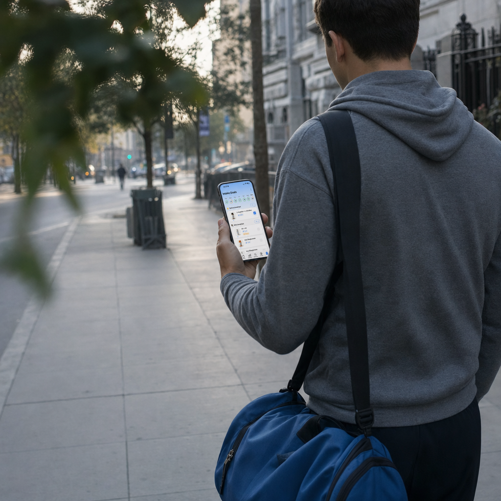 Someone checking their intake plan on their phone while walking, gym bag over the shoulder